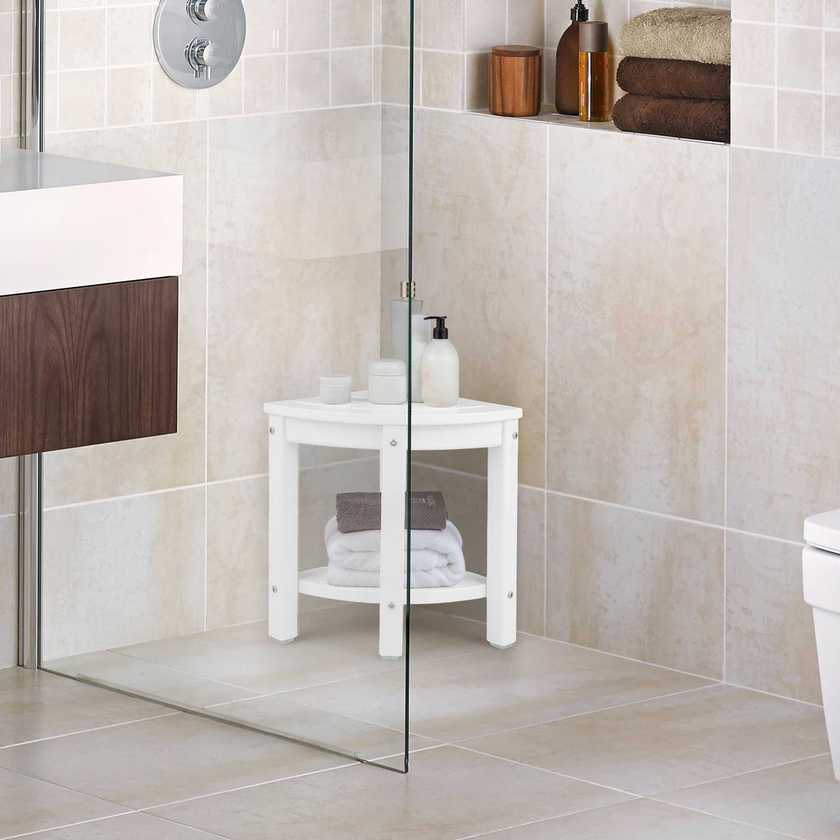 Corner Shower Bench Stool with Storage Shelf for Shaving Legs-White
