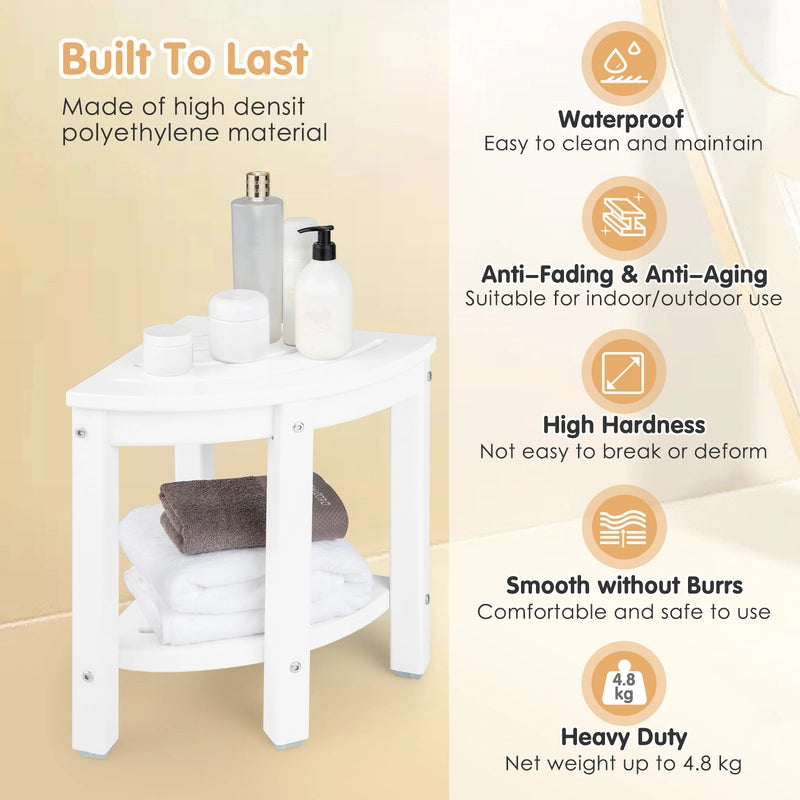 Corner Shower Bench Stool with Storage Shelf for Shaving Legs-White