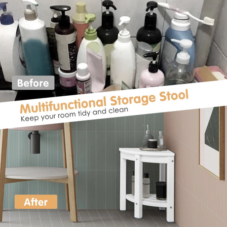 Corner Shower Bench Stool with Storage Shelf for Shaving Legs-White