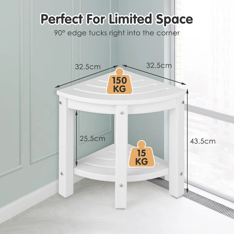 Corner Shower Bench Stool with Storage Shelf for Shaving Legs-White