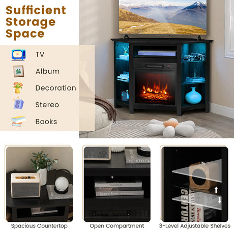 Corner TV Stand with Fireplace Insert and LED Lights-Black