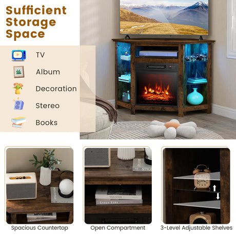 Corner TV Stand with Fireplace Insert and LED Lights-Rustic Brown