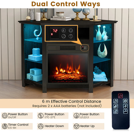 Corner TV Stand with Fireplace Insert and LED Lights-Black