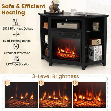 Corner TV Stand with Fireplace Insert and LED Lights-Black