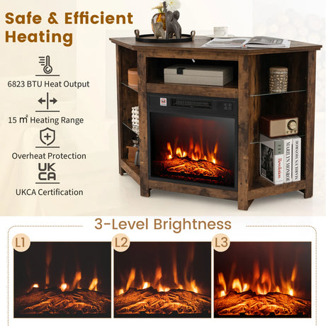 Corner TV Stand with Fireplace Insert and LED Lights-Rustic Brown