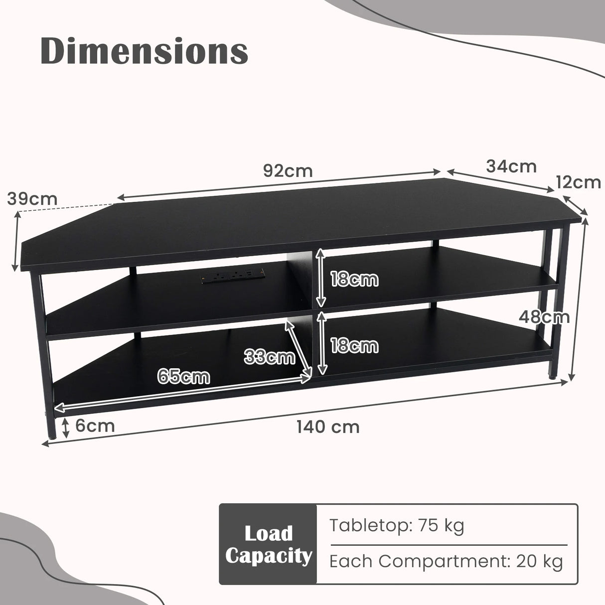 Corner TV Stand with AC Outlets and Storage Shelves-Black