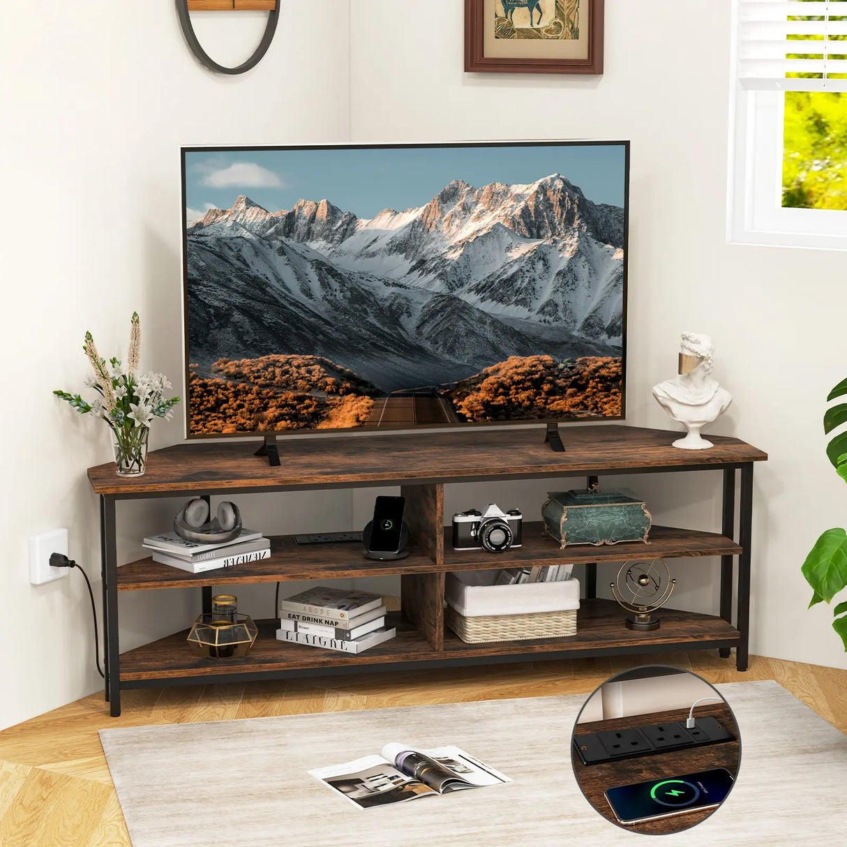 Corner TV Stand with AC Outlets and Storage Shelves-Brown
