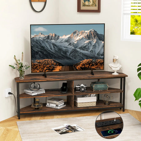 Corner TV Stand with AC Outlets and Storage Shelves-Brown