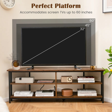 Corner TV Stand with AC Outlets and Storage Shelves-Brown