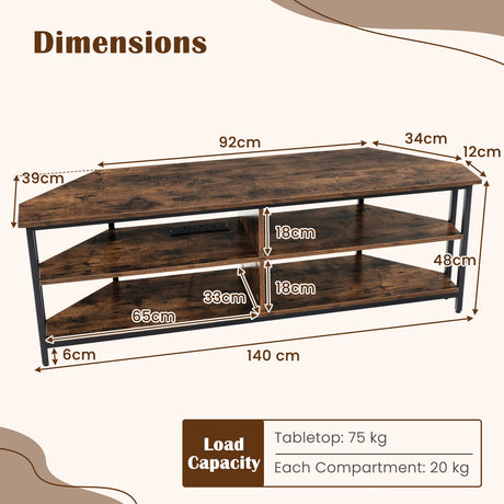 Corner TV Stand with AC Outlets and Storage Shelves-Brown