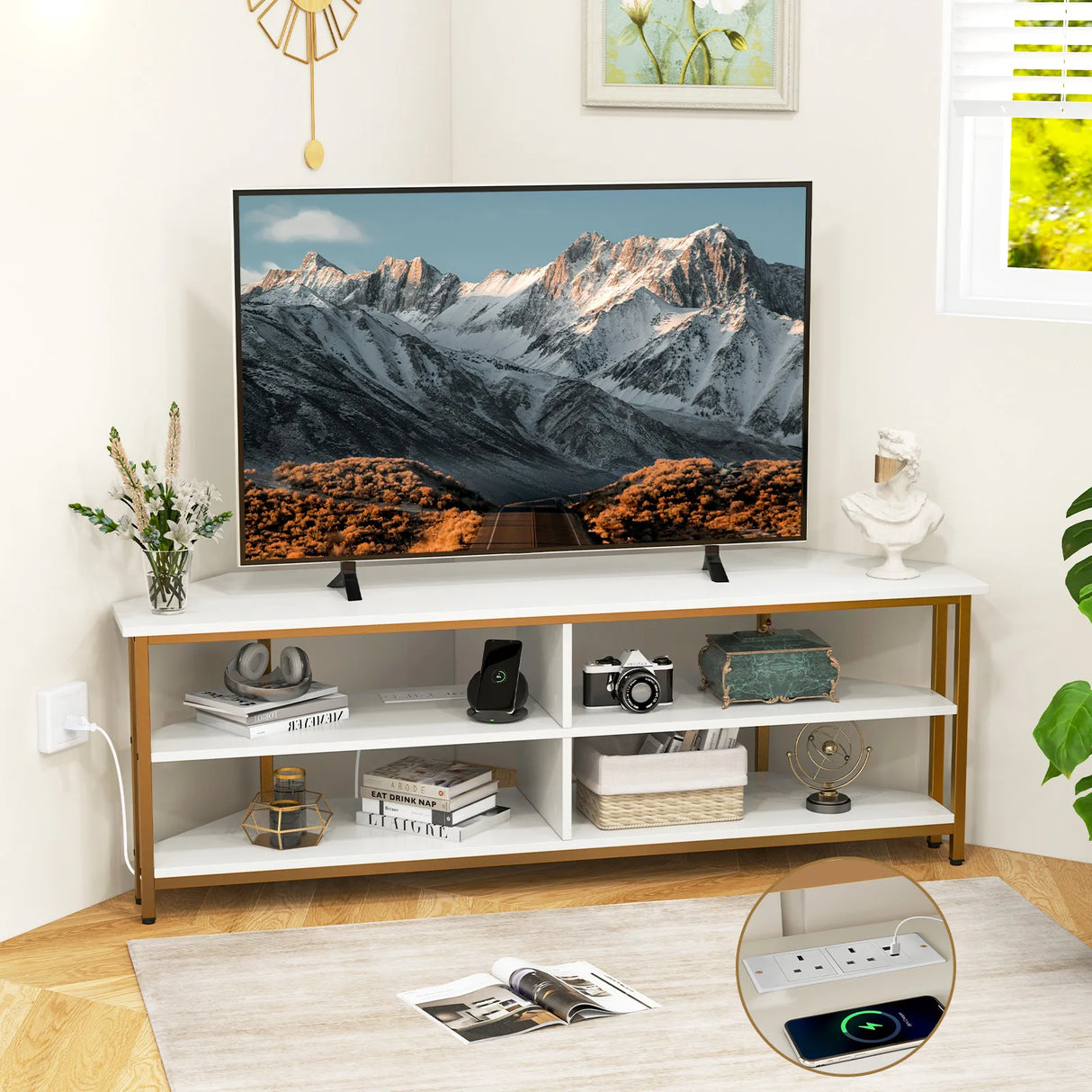Corner TV Stand with AC Outlets and Storage Shelves-White