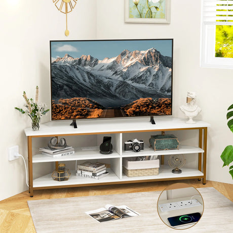 Corner TV Stand with AC Outlets and Storage Shelves-White