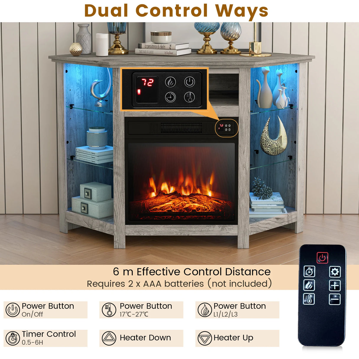 Corner TV Stand with Fireplace Insert and LED Lights-Grey