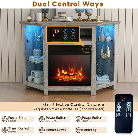 Corner TV Stand with Fireplace Insert and LED Lights-Grey