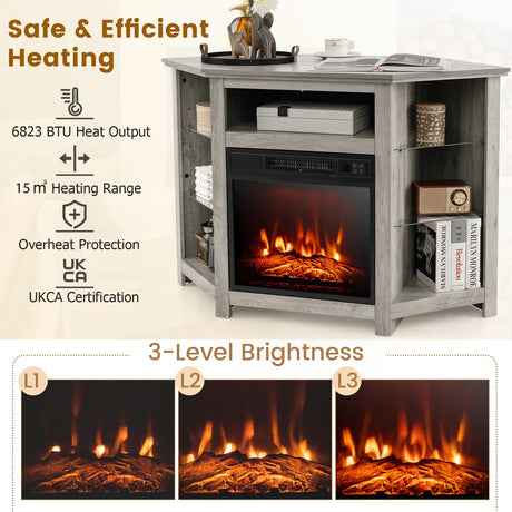 Corner TV Stand with Fireplace Insert and LED Lights-Grey