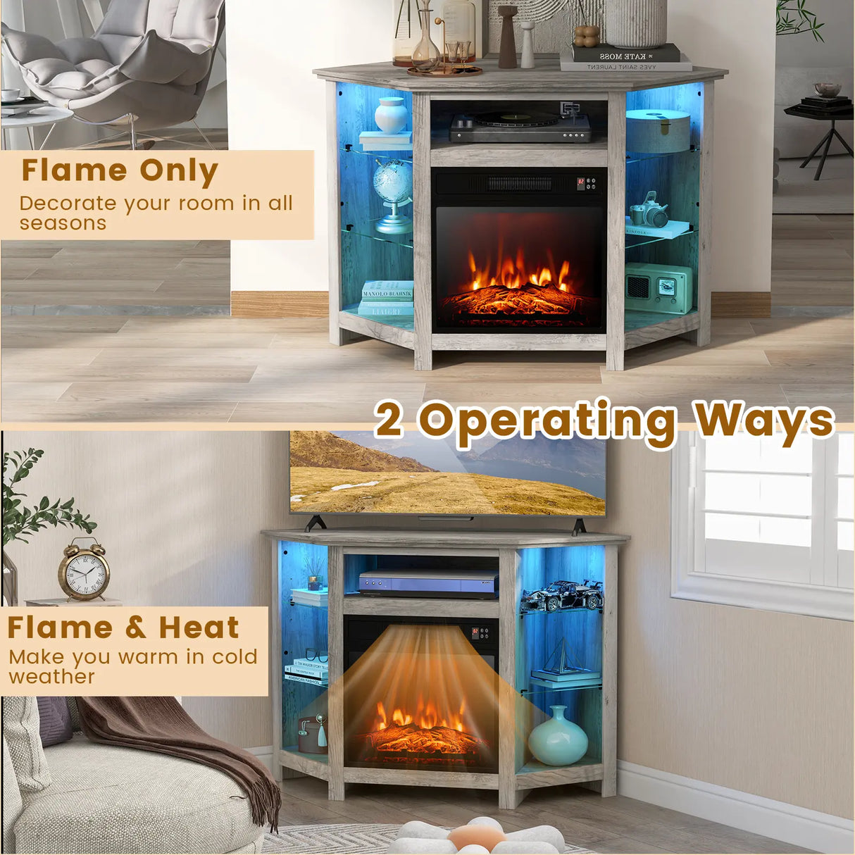 Corner TV Stand with Fireplace Insert and LED Lights-Grey