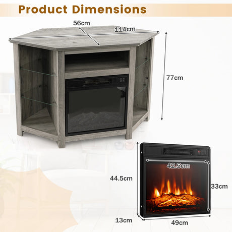 Corner TV Stand with Fireplace Insert and LED Lights-Grey