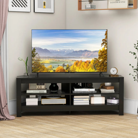 Corner TV Stand with Power Outlet and 4 Open Storage Shelves-Black