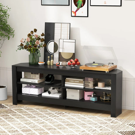 Corner TV Stand with Power Outlet and 4 Open Storage Shelves-Black