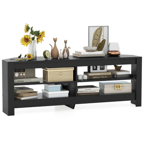 Corner TV Stand with Power Outlet and 4 Open Storage Shelves-Black