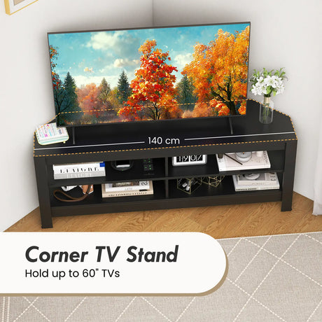 Corner TV Stand with Power Outlet and 4 Open Storage Shelves-Black