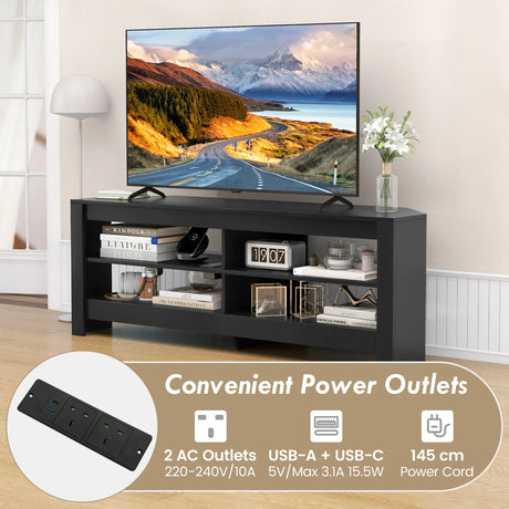 Corner TV Stand with Power Outlet and 4 Open Storage Shelves-Black