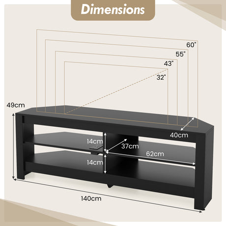 Corner TV Stand with Power Outlet and 4 Open Storage Shelves-Black