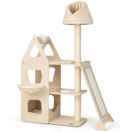 Multi-Layer Wooden Cat Tree with Plush Perch for Kitten