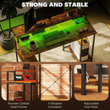 HOMCOM LED Computer Desk, with Power Outlets and Shelves - Rustic Brown