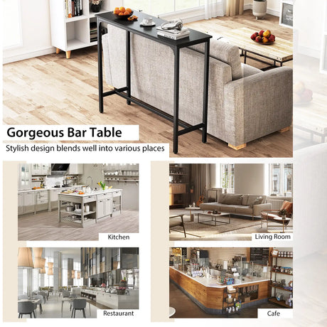 Counter Height Bar Table with Steel Frame and Footrest-Black