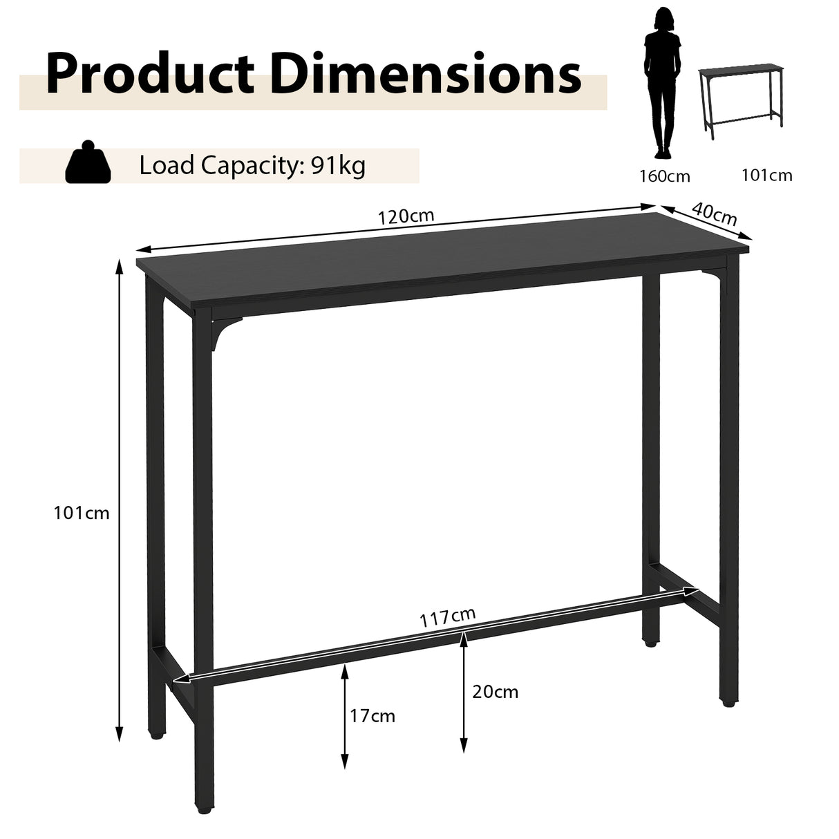 Counter Height Bar Table with Steel Frame and Footrest-Black