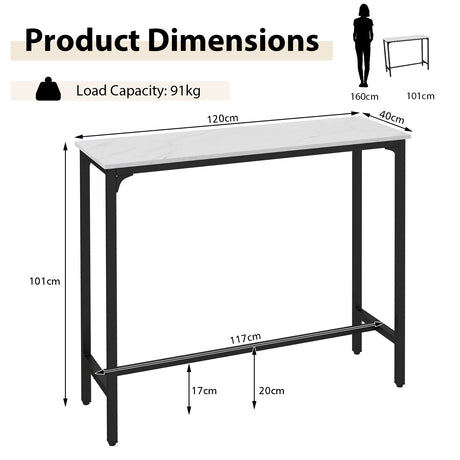 Counter Height Bar Table with Steel Frame and Footrest-White