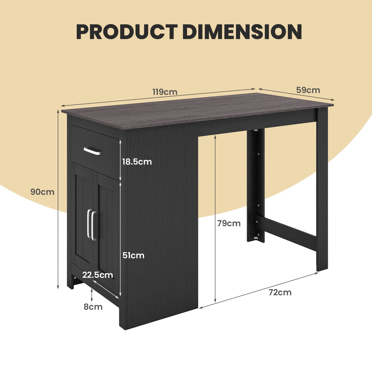 Counter Height Bar Table with Storage Cabinet and Drawer-Black