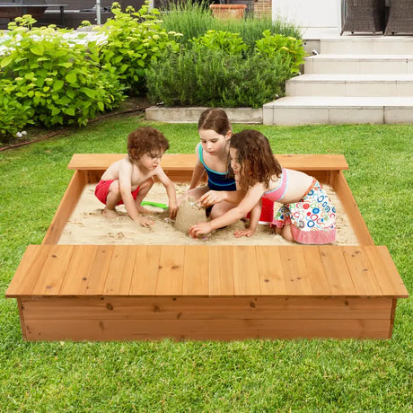 Kids Wooden Sandbox with Bench Seats and Storage Boxes