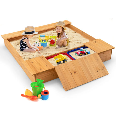 Kids Wooden Sandbox with Bench Seats and Storage Boxes