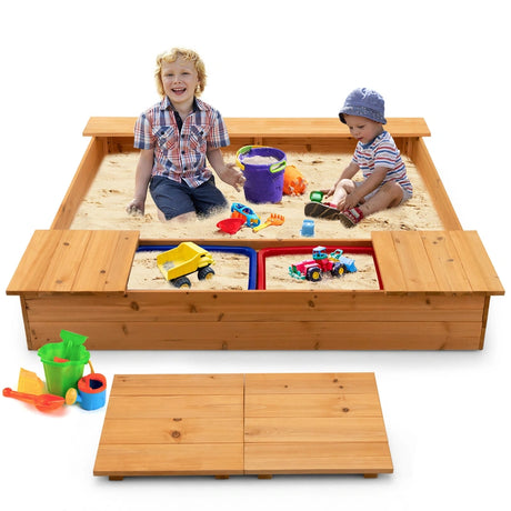 Kids Wooden Sandbox with Bench Seats and Storage Boxes