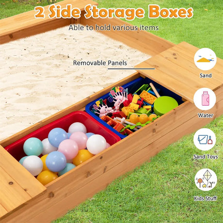 Kids Wooden Sandbox with Bench Seats and Storage Boxes