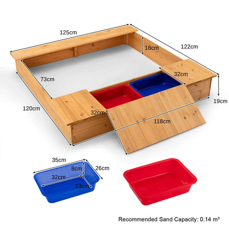 Kids Wooden Sandbox with Bench Seats and Storage Boxes