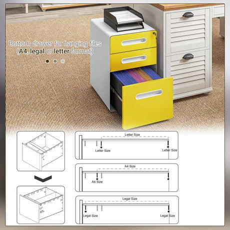 Vinsetto 3 Drawer Filing Cabinet, Steel Lockable File Cabinet with Lock and Wheels, for A4, Letter, Legal Sized Files, Yellow