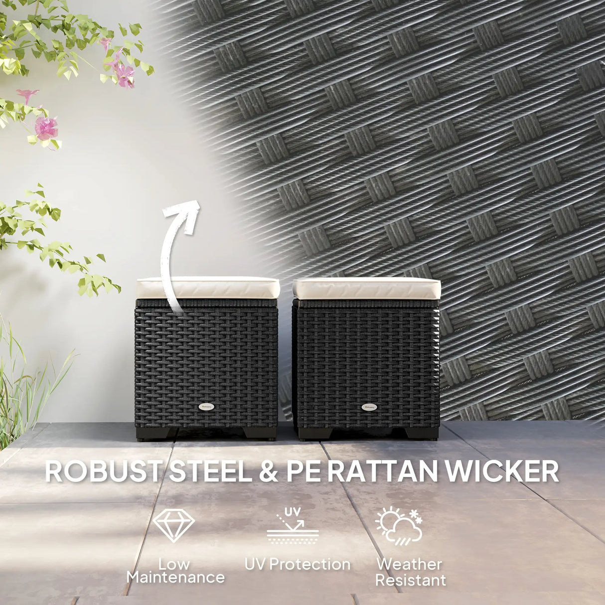 Outsunny Set of 2 Rattan Storage Ottoman, Outdoor Footstool with Removable Cushions, Garden Storage Seat for Balcony, Porch, Living Room, Cream