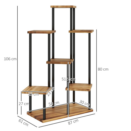 Outsunny 7 Tier Plant Stand Indoor Outdoor, Tiered Corner Steel Wood Plant Shelf for Multiple Plants, Tall Flower Stand Display Rack for Garden Patio Balcony Living Room, Carbonised Finish