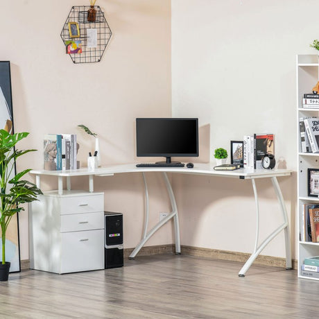 HOMCOM L-Shaped Computer Desk Table with Storage Drawer Home Office Corner Industrial Style Workstation for A4 Files 152 x 143.5 x 76cm, White