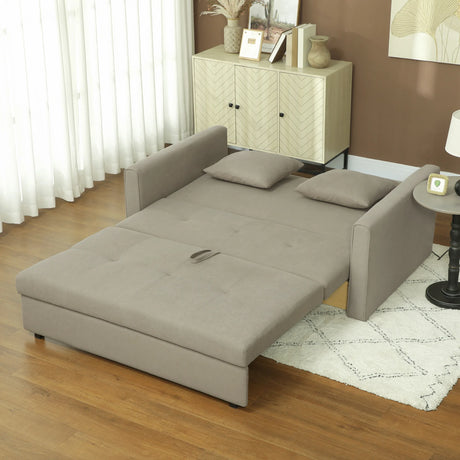 HOMCOM 2 Seater Sofa Bed, Convertible Bed Settee, Modern Velvet Loveseat Sofa Couch with 2 Cushions, Hidden Storage for Living Room, Guest Room, Light Brown