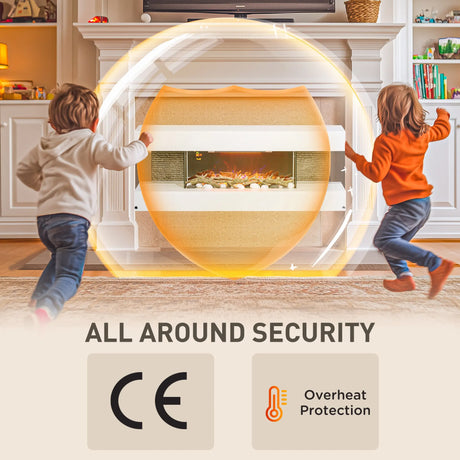 HOMCOM 47inch / 120cm Electric Fireplace Wall Mounted, Freestanding, Glass Electric Fire Suite with Mantel, Adjustable LED Flame Effect and Temperature, Log, Pebble, Remote Control, 2000W, White