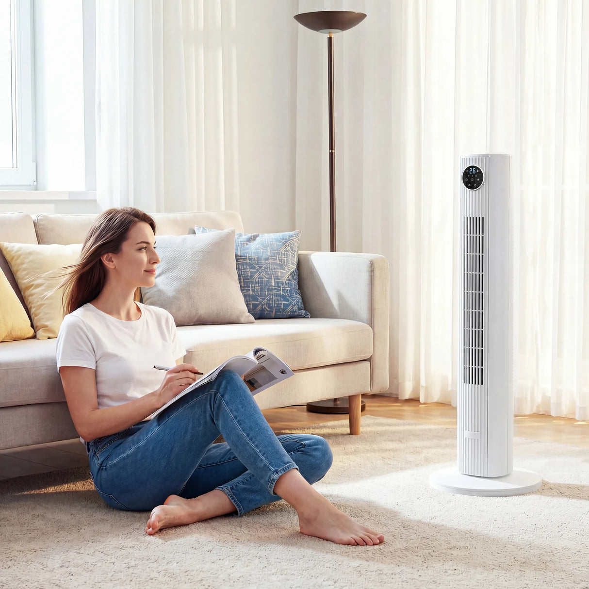 HOMCOM 28dB Tower Fan for Bedroom, 36 inch, 8 m/s Velocity Standing Cooling Fan with 80 Oscillating, BLDC Motor, 12 Speeds, LED Display, 4 Modes, 12H Timer, Remote Control, White