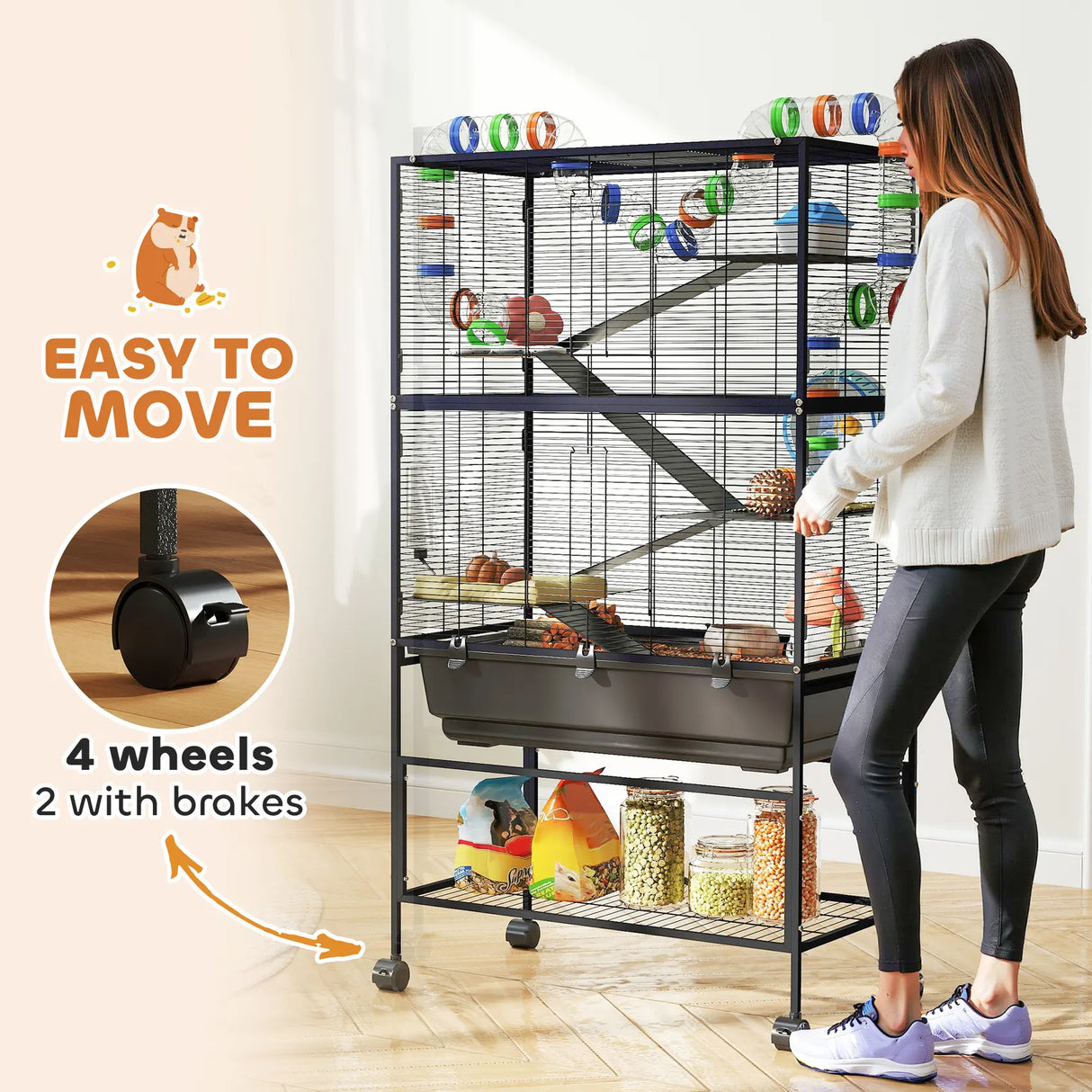 PawHut 5 Tier Large Hamster Cage on Wheels with 17 cm Deep Tray, Storage Shelf for Syrian, Gerbil, Rats