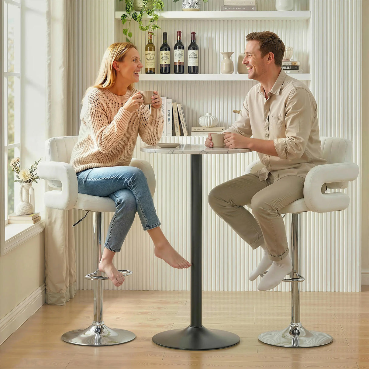 HOMCOM Bar Stools Adjustable Swivel Kitchen Chairs with Backrest Armrest Set of 2 PU Leather White