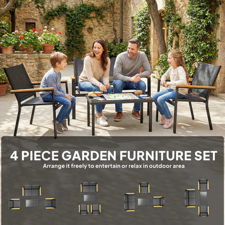 Outsunny Outdoor Sofa 4 Seater Garden Sofa Set with Loveseat 2 Chairs and Coffee Table Black