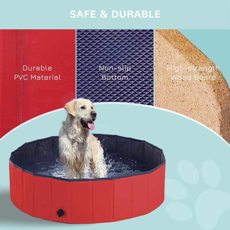 PawHut Foldable Dog Paddling Pool Pet Cat Swimming Pool Indoor/Outdoor Collapsible Summer Bathing Tub Shower Tub Puppy Washer (Φ120 × 30H cm, Red)