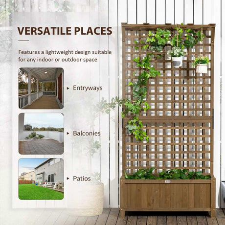 Outsunny 2 Pcs Raised Bed with Drainage Holes, Wood Planter with Trellis for Climbing Plants to Grow Vegetables, Flowers, Brown